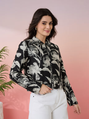 Latin Quarters Women's Black Printed Collar Neck Full Sleeves Casual Jacket