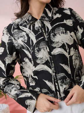 Latin Quarters Women's Black Printed Collar Neck Full Sleeves Casual Jacket