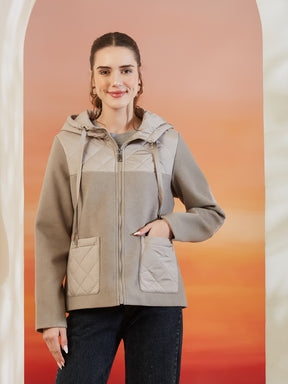 Latin Quarters Women's Beige Solid Full Sleeves Hooded Neck Casual Hooded Jacket