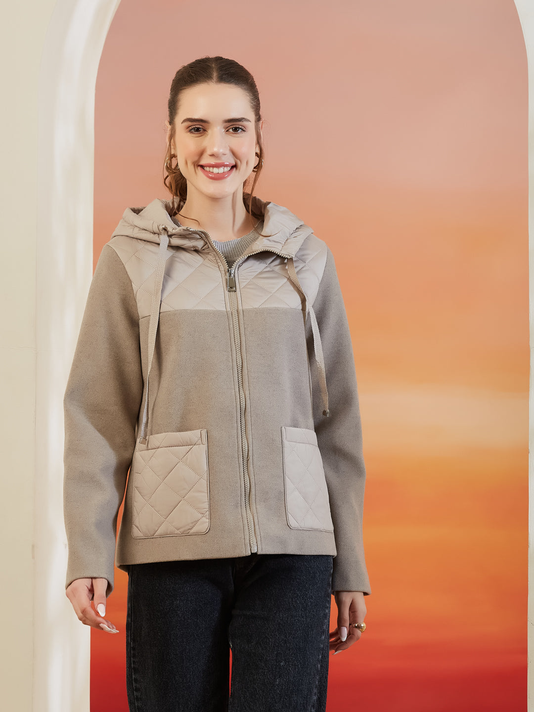Latin Quarters Women's Beige Solid Full Sleeves Hooded Neck Casual Hooded Jacket