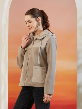 Latin Quarters Women's Beige Solid Full Sleeves Hooded Neck Casual Hooded Jacket