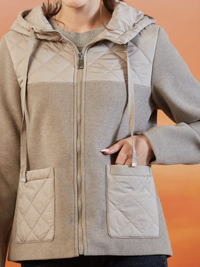 Latin Quarters Women's Beige Solid Full Sleeves Hooded Neck Casual Hooded Jacket
