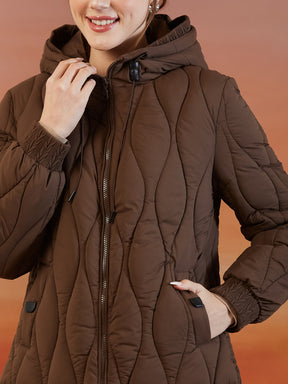 Latin Quarters Women's Brown Solid Full Sleeves Hooded Neck Casual Puffer Jacket