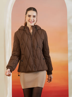 Latin Quarters Women's Brown Solid Full Sleeves Hooded Neck Casual Puffer Jacket