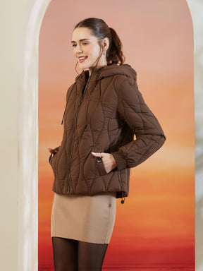 Latin Quarters Women's Brown Solid Full Sleeves Hooded Neck Casual Puffer Jacket