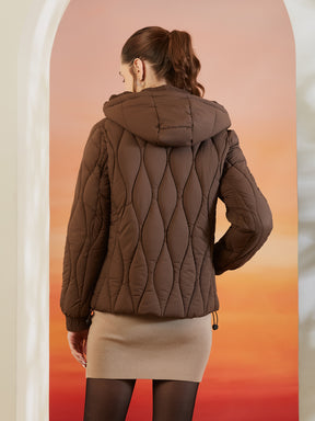 Latin Quarters Women's Brown Solid Full Sleeves Hooded Neck Casual Puffer Jacket
