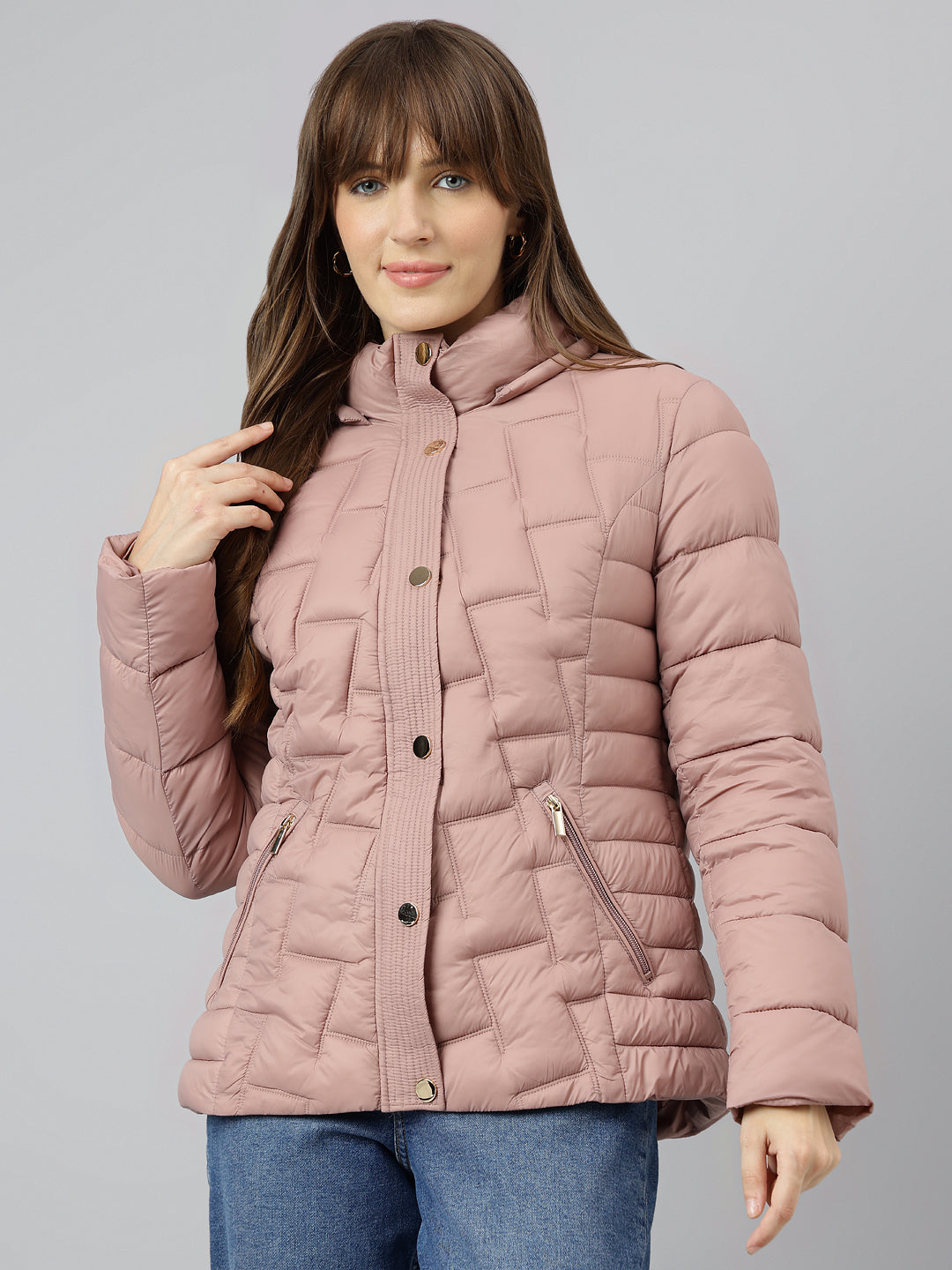 Latin Quarters Women's Pink Solid Full Sleeves Hooded Neck Casual Puffer Jacket