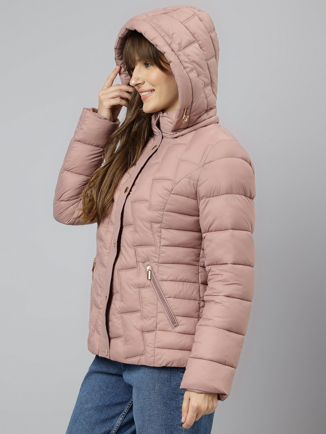 Latin Quarters Women's Pink Solid Full Sleeves Hooded Neck Casual Puffer Jacket