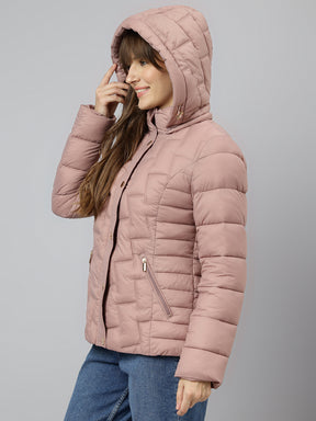 Latin Quarters Women's Pink Solid Full Sleeves Hooded Neck Casual Puffer Jacket