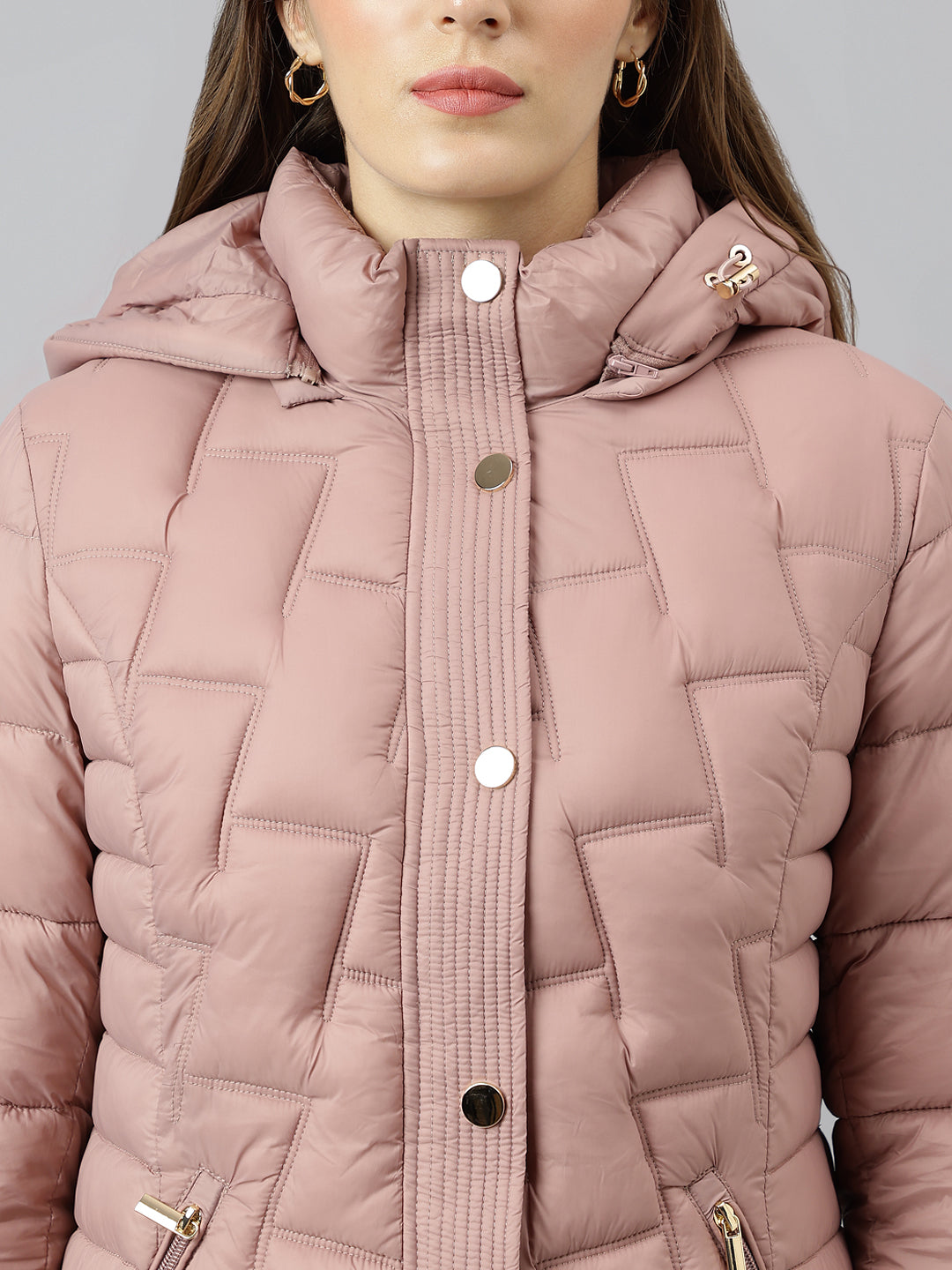 Latin Quarters Women's Pink Solid Full Sleeves Hooded Neck Casual Puffer Jacket