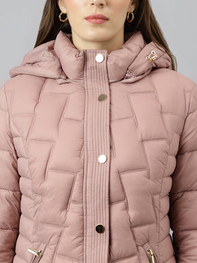 Latin Quarters Women's Pink Solid Full Sleeves Hooded Neck Casual Puffer Jacket