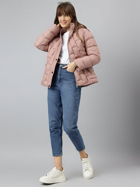 Latin Quarters Women's Pink Solid Full Sleeves Hooded Neck Casual Puffer Jacket