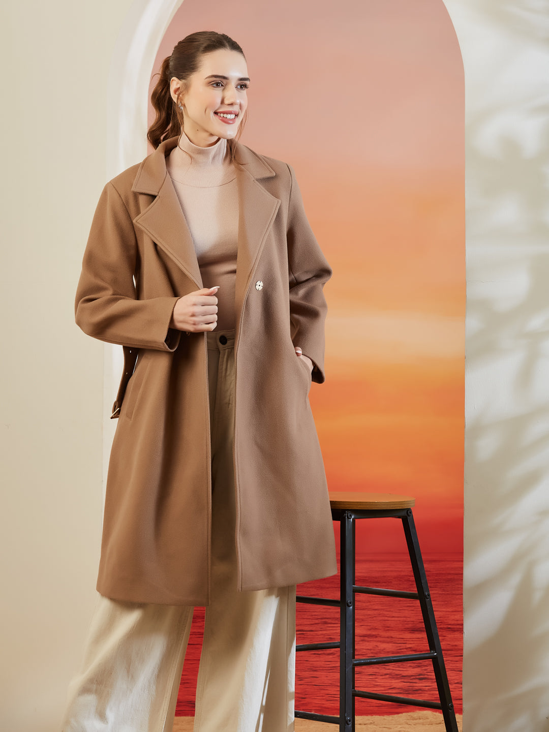 Latin Quarters Women Beige Lapel Collar Full Sleeve Solid Casual Overcoat