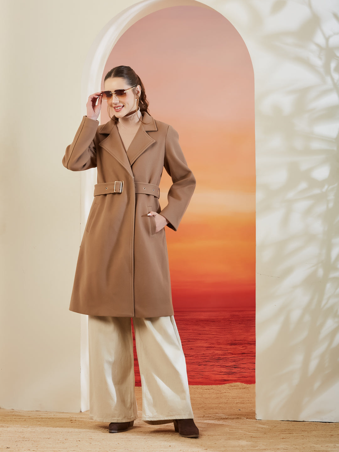 Latin Quarters Women Beige Lapel Collar Full Sleeve Solid Casual Overcoat
