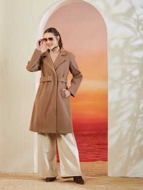Latin Quarters Women Beige Lapel Collar Full Sleeve Solid Casual Overcoat