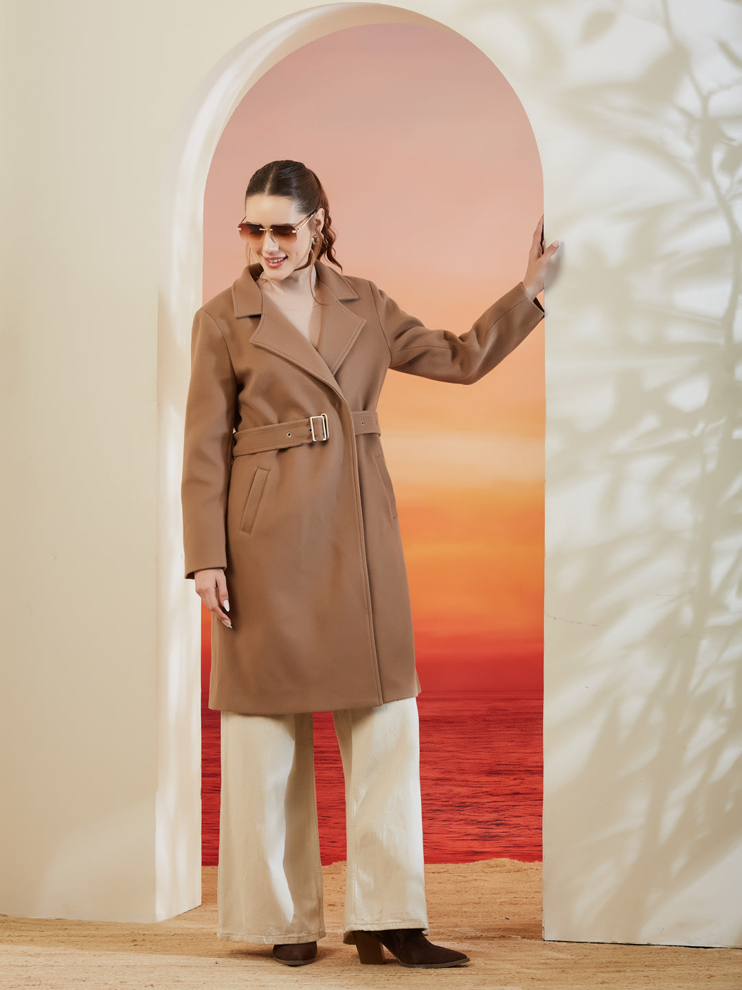 Latin Quarters Women Beige Lapel Collar Full Sleeve Solid Casual Overcoat