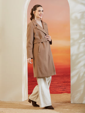 Latin Quarters Women Beige Lapel Collar Full Sleeve Solid Casual Overcoat
