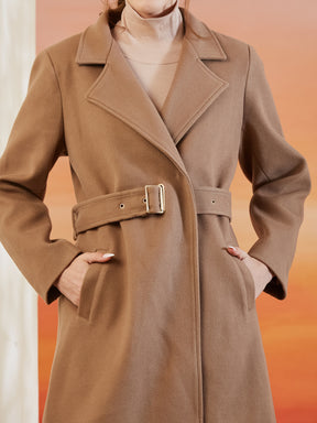 Latin Quarters Women Beige Lapel Collar Full Sleeve Solid Casual Overcoat