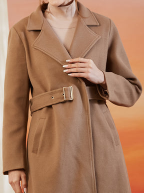Latin Quarters Women Beige Lapel Collar Full Sleeve Solid Casual Overcoat