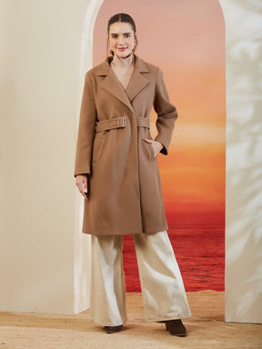 Latin Quarters Women Beige Lapel Collar Full Sleeve Solid Casual Overcoat