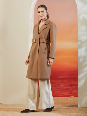Latin Quarters Women Beige Lapel Collar Full Sleeve Solid Casual Overcoat