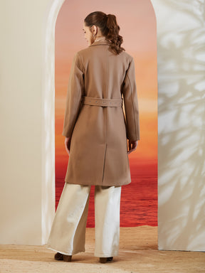 Latin Quarters Women Beige Lapel Collar Full Sleeve Solid Casual Overcoat