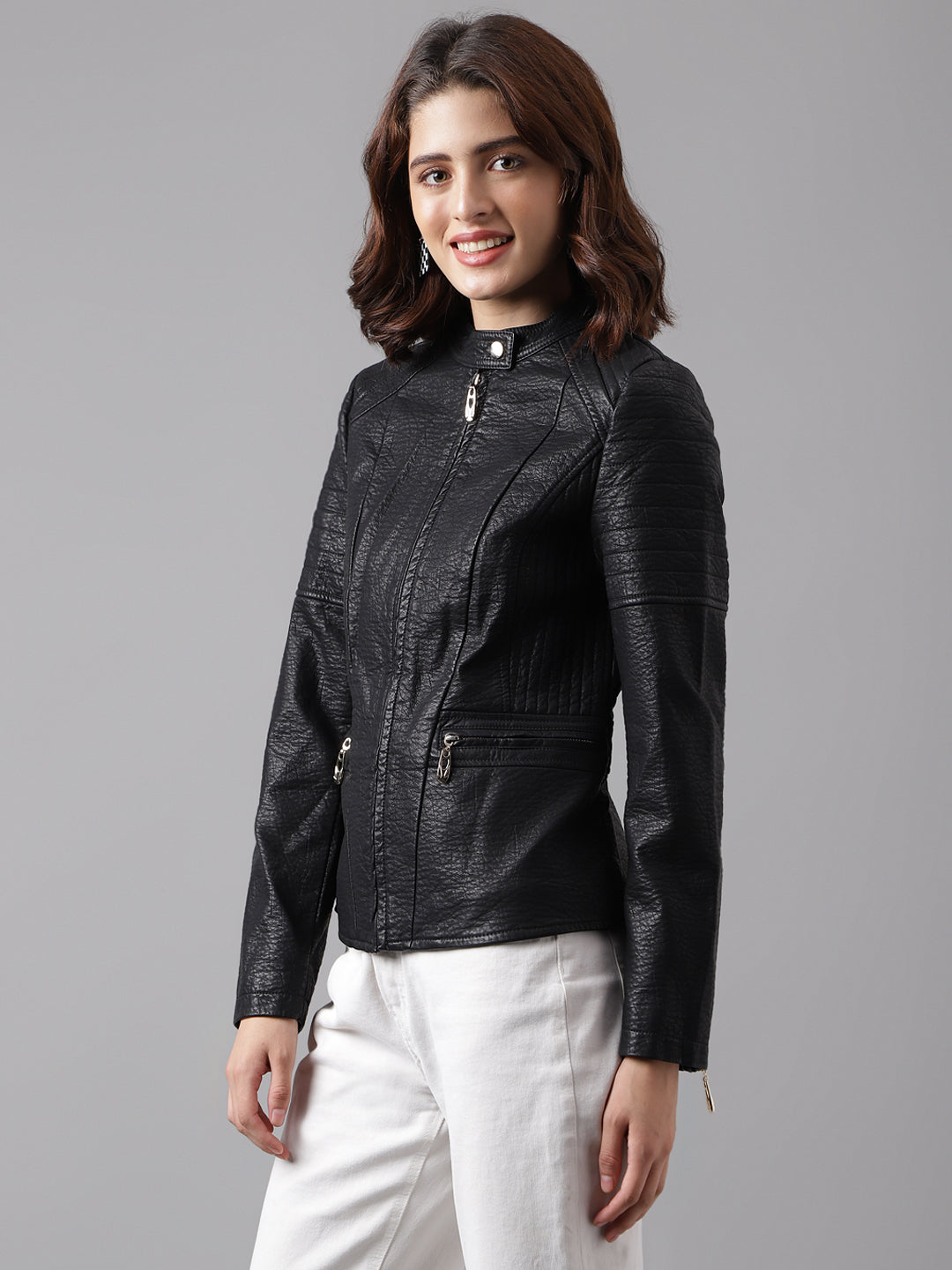 Latin Quarters Women's Solid Black Full Sleeve Mandarin Neck Casual Biker Jacket