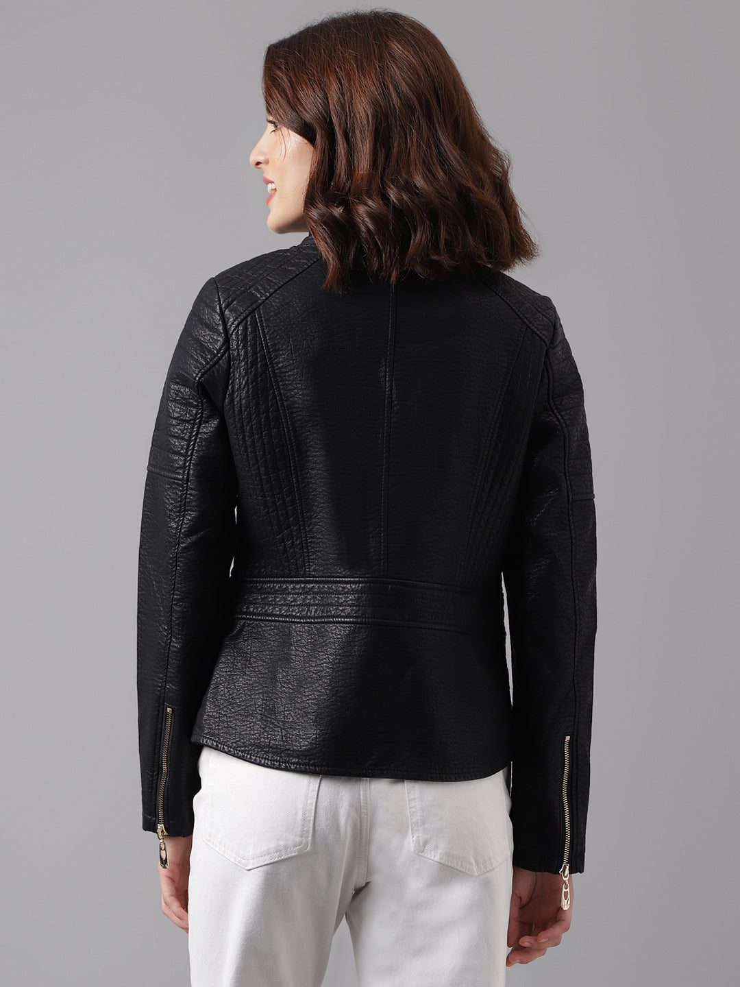 Latin Quarters Women's Solid Black Full Sleeve Mandarin Neck Casual Biker Jacket
