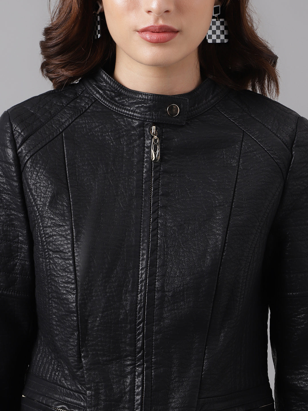 Latin Quarters Women's Solid Black Full Sleeve Mandarin Neck Casual Biker Jacket