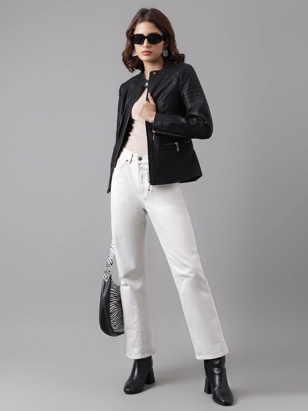 Latin Quarters Women's Solid Black Full Sleeve Mandarin Neck Casual Biker Jacket