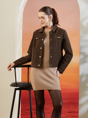 Latin Quarters Women's Brown Solid Full Sleeves Collar Neck Casual Jacket