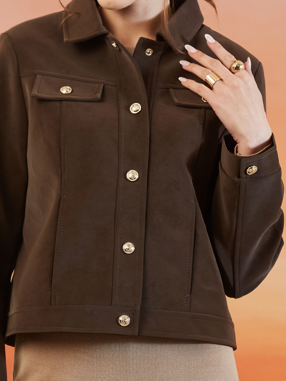 Latin Quarters Women's Brown Solid Full Sleeves Collar Neck Casual Jacket