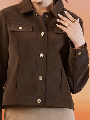 Latin Quarters Women's Brown Solid Full Sleeves Collar Neck Casual Jacket