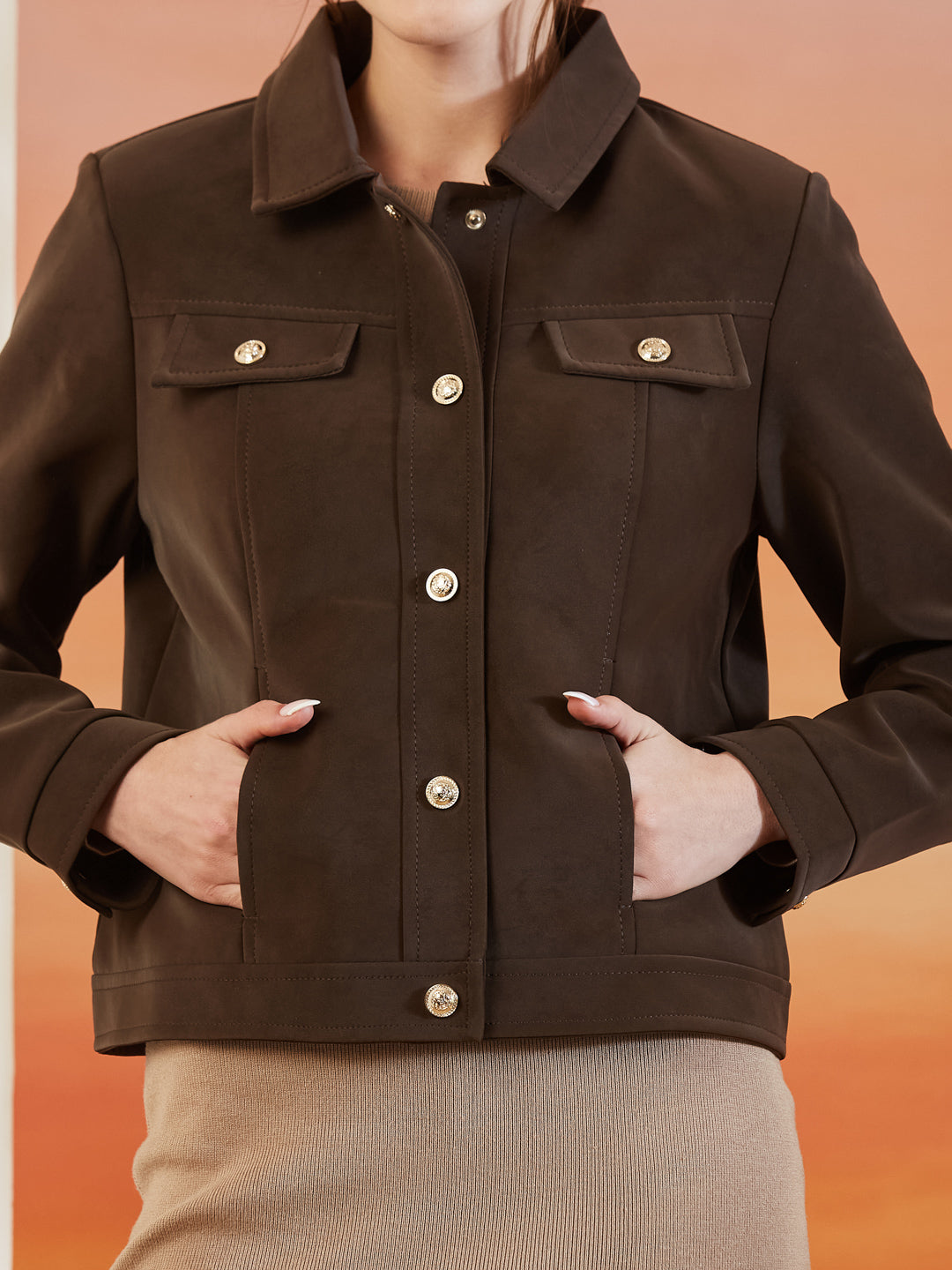 Latin Quarters Women's Brown Solid Full Sleeves Collar Neck Casual Jacket