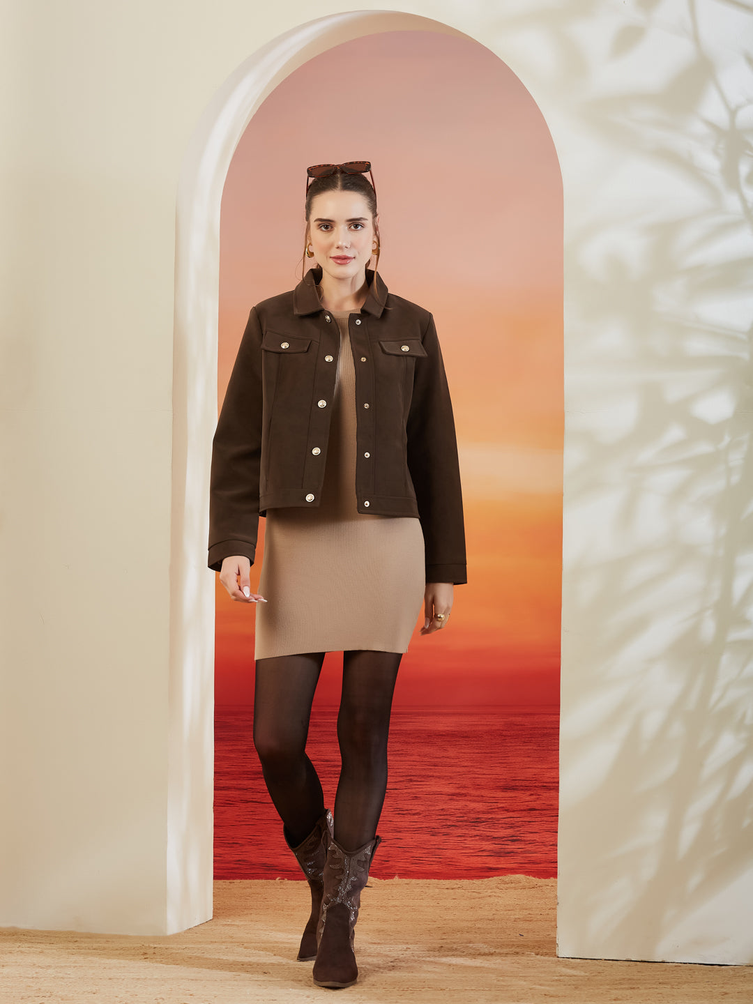 Latin Quarters Women's Brown Solid Full Sleeves Collar Neck Casual Jacket