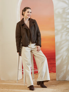 Latin Quarters Women's Brown Solid Full Sleeves Collar Neck Casual Biker Jacket