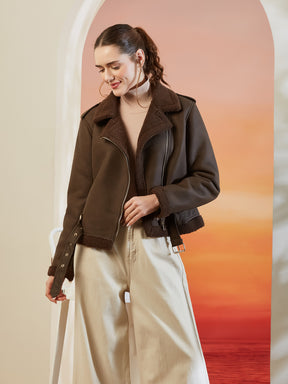 Latin Quarters Women's Brown Solid Full Sleeves Collar Neck Casual Biker Jacket