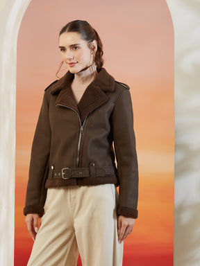 Latin Quarters Women's Brown Solid Full Sleeves Collar Neck Casual Biker Jacket
