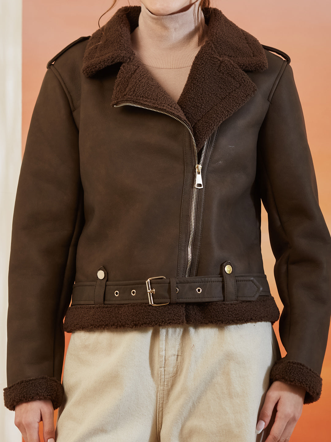 Latin Quarters Women's Brown Solid Full Sleeves Collar Neck Casual Biker Jacket