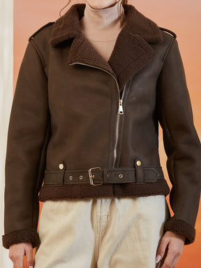 Latin Quarters Women's Brown Solid Full Sleeves Collar Neck Casual Biker Jacket