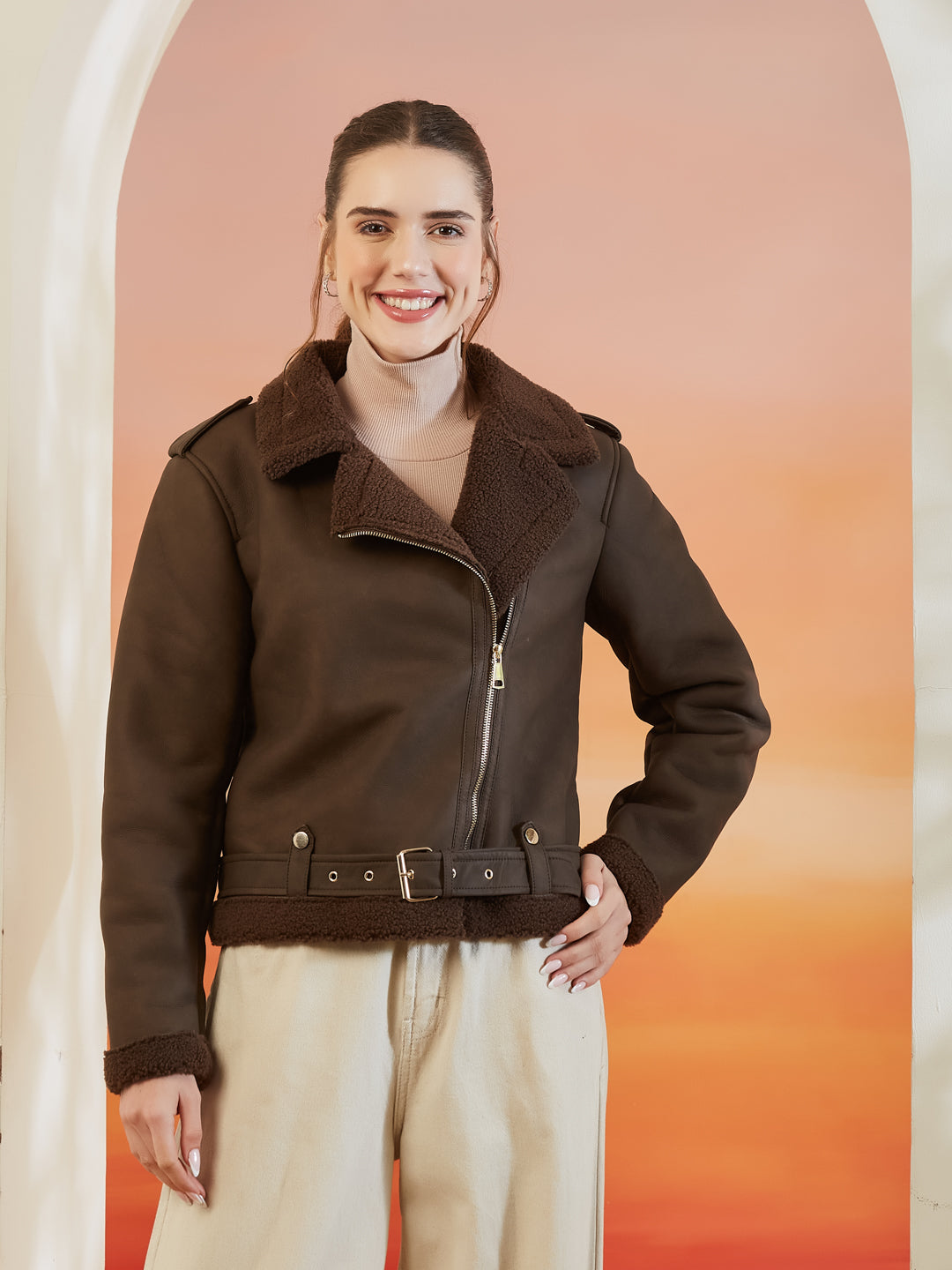 Latin Quarters Women's Brown Solid Full Sleeves Collar Neck Casual Biker Jacket