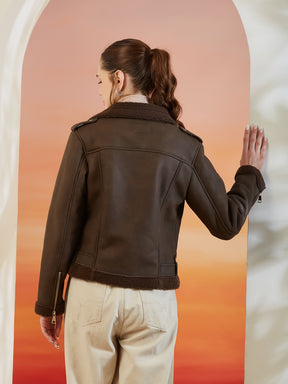 Latin Quarters Women's Brown Solid Full Sleeves Collar Neck Casual Biker Jacket