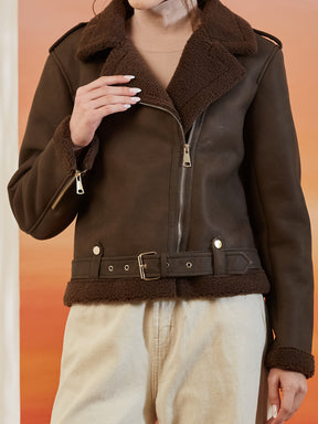 Latin Quarters Women's Brown Solid Full Sleeves Collar Neck Casual Biker Jacket