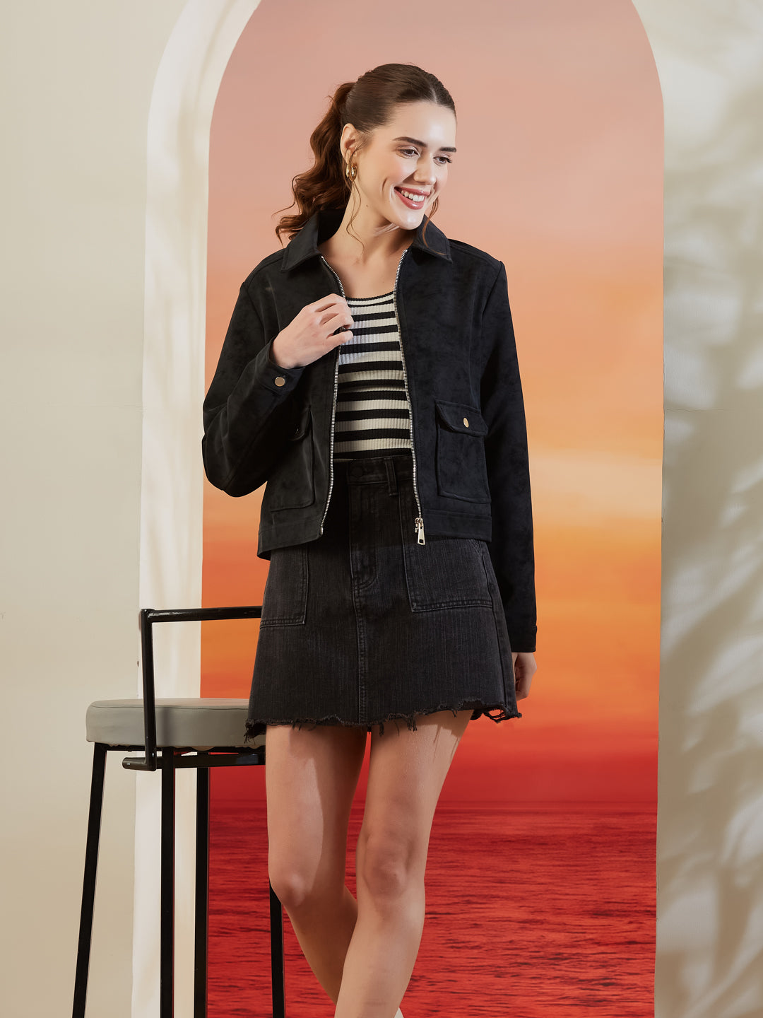 Latin Quarters Women's Black Solid Full Sleeves Collar Neck Casual Jacket