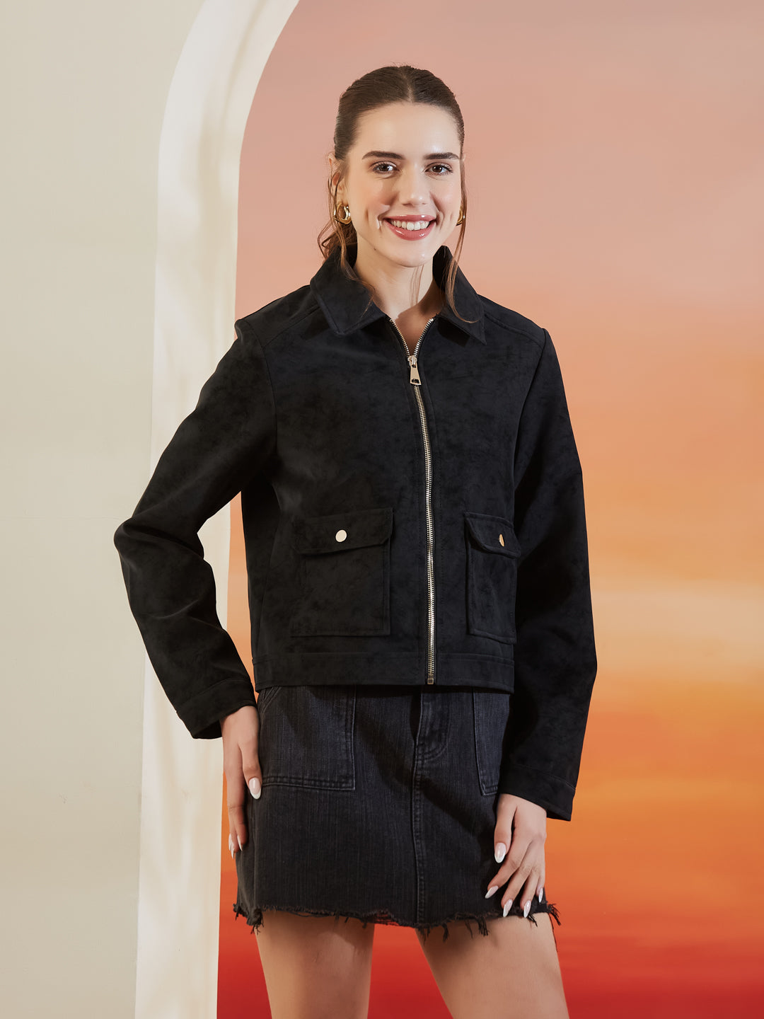 Latin Quarters Women's Black Solid Full Sleeves Collar Neck Casual Jacket
