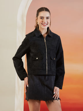 Latin Quarters Women's Black Solid Full Sleeves Collar Neck Casual Jacket