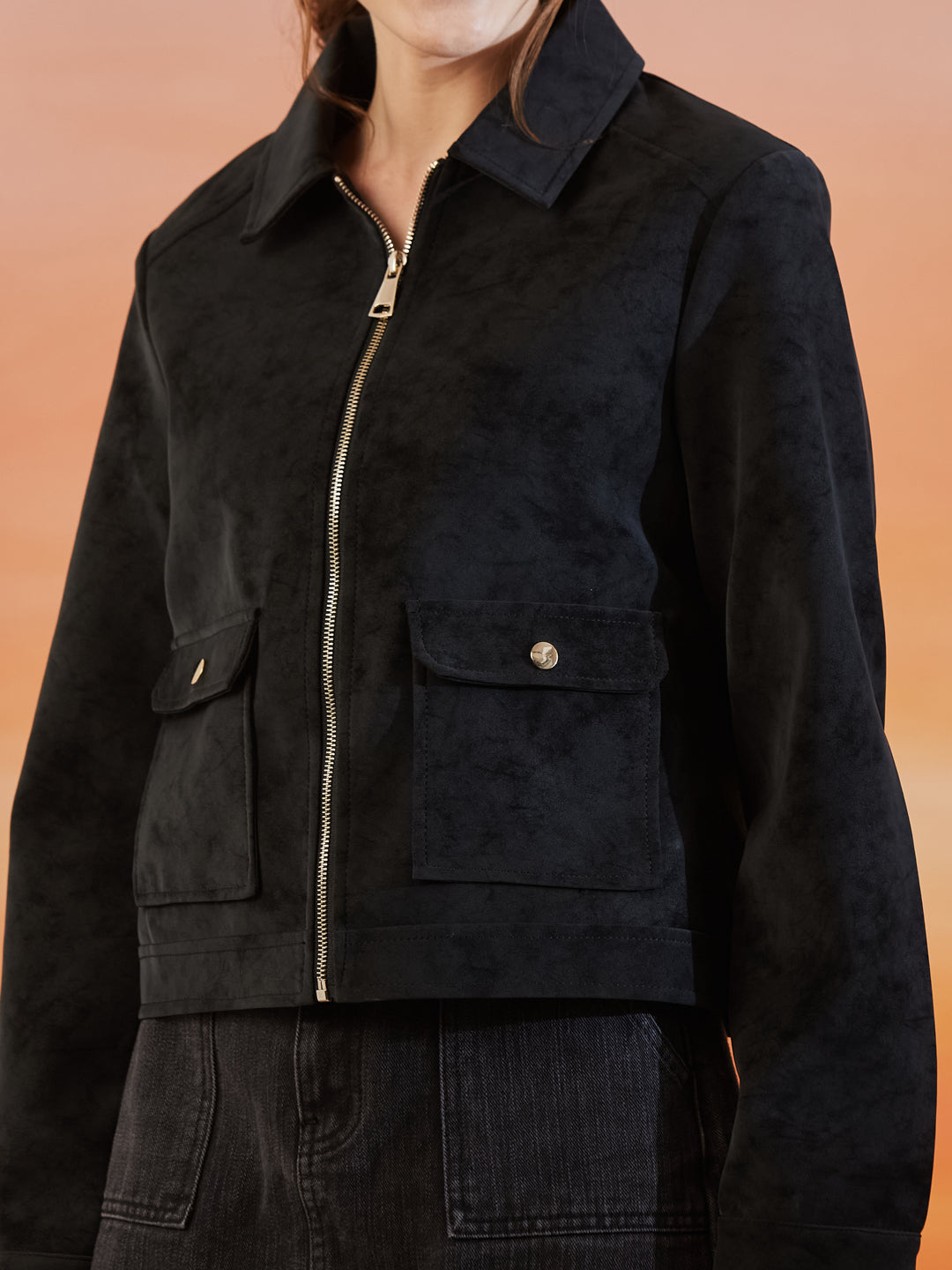 Latin Quarters Women's Black Solid Full Sleeves Collar Neck Casual Jacket