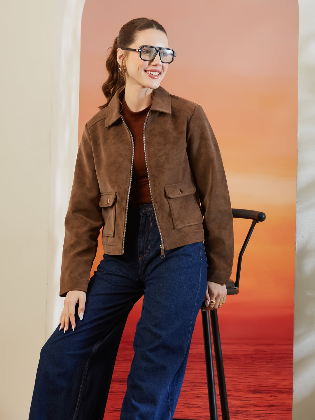 Latin Quarters Women's Brown Solid Collar Neck Full Sleeves Casual Jacket