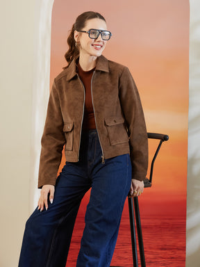 Latin Quarters Women's Brown Solid Collar Neck Full Sleeves Casual Jacket