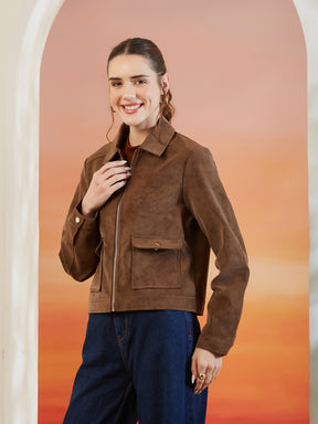 Latin Quarters Women's Brown Solid Collar Neck Full Sleeves Casual Jacket